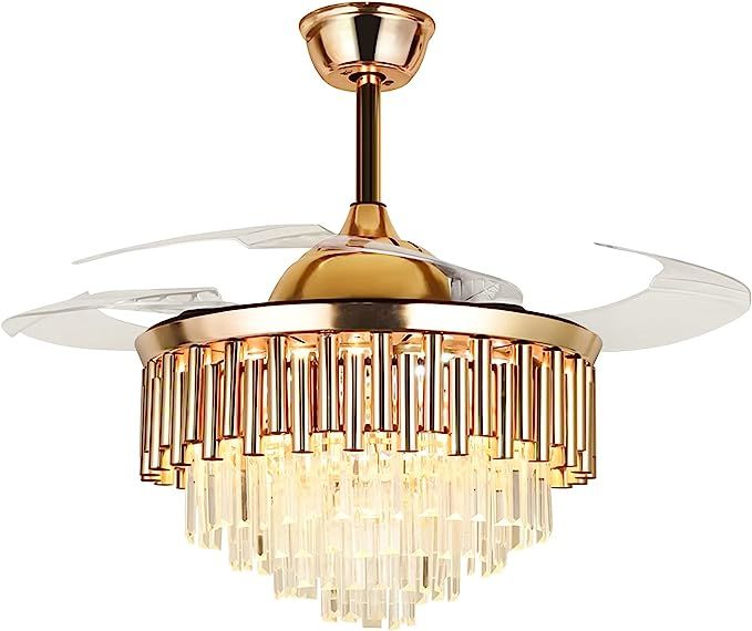 ONELLH Crystal Ceiling Fans Chandelier Indoor with LED Light 3 Colors Gold Fandelier with Retract... | Amazon (US)