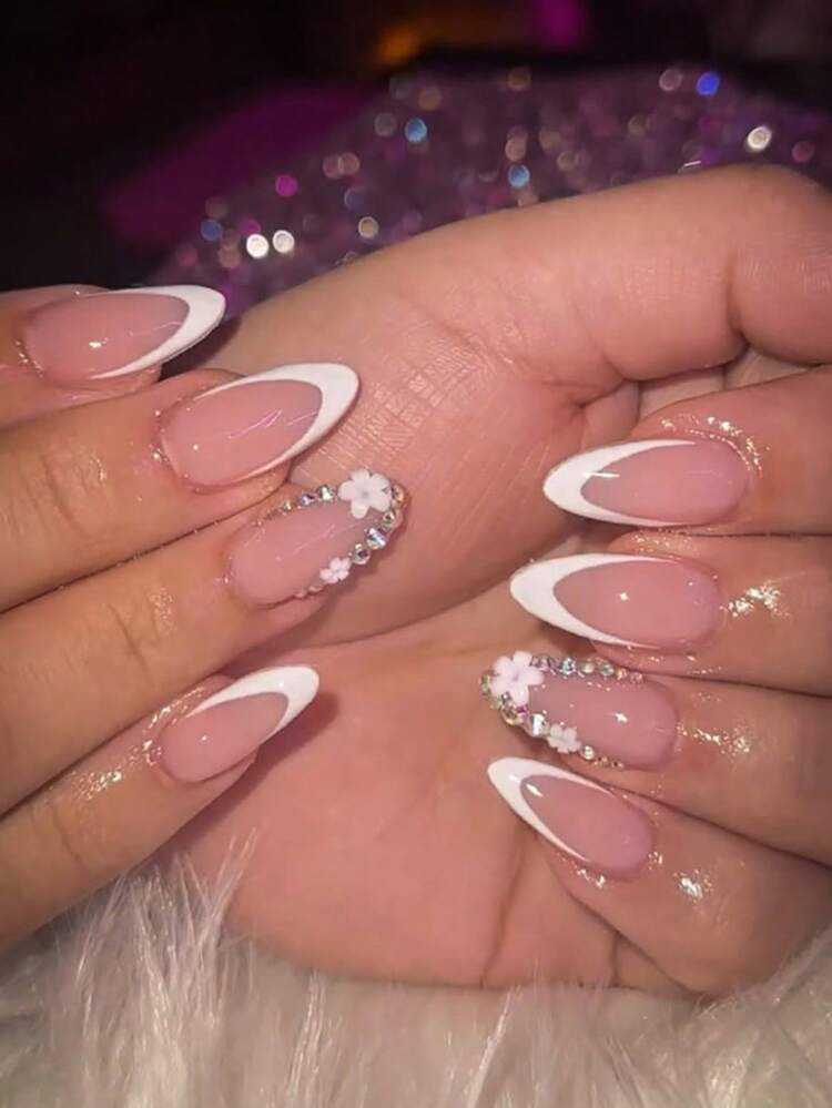 10pcs Minimalist Style - White Sparkling Rhinestone Press On Nails, White French Style Almond Nails - French Style Design, White Small Flowers, Sparkling Rhinestone Decorate Fake Nails - Essential Nail Art For Autumn And Winter, Suitable For Daily, Workplace, And Date Use - The Best Gift For Ladies And Women Nail Supplies | SHEIN