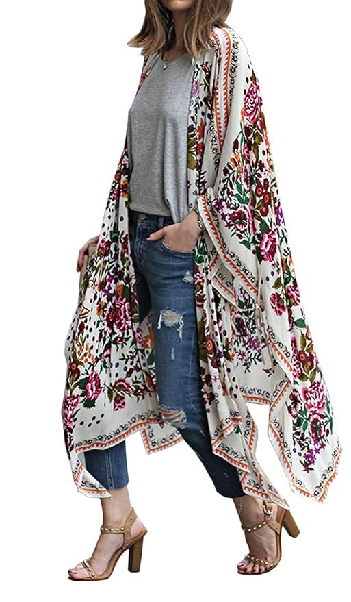 Hibluco Women's Sheer Chiffon Floral Kimono Cardigan Long Blouse Loose Tops Outwear | Amazon (US)