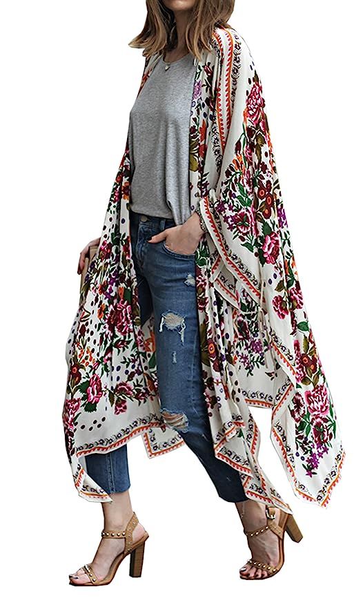 Hibluco Women's Sheer Chiffon Floral Kimono Cardigan Long Blouse Loose Tops Outwear | Amazon (US)