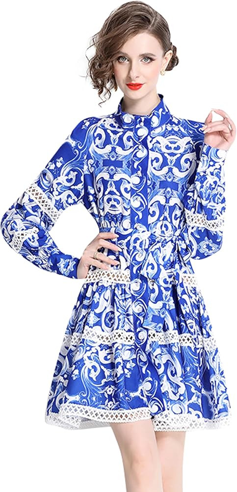 LAI MENG FIVE CATS Women's Hollow Out Floral Print Lantern Sleeve Button Casual Mini Dress | Amazon (US)