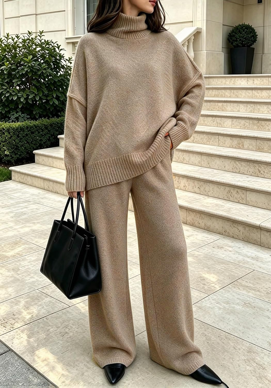 Ecirod Women 2 Piece Sets Wide Leg Pants Mock Neck Pullover lounge Sweater | Amazon (US)