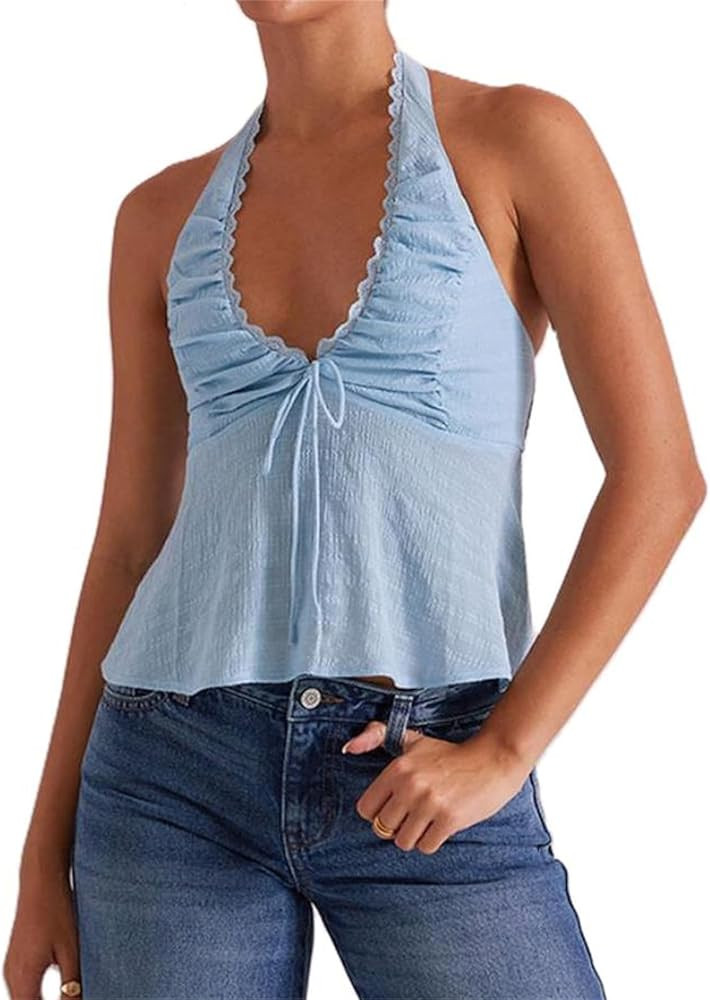 Women Sexy Deep U Neck Halter Top Y2k Sleeveless Flowy Summer Beach Crop Tank Top Slim Fit Backle... | Amazon (US)