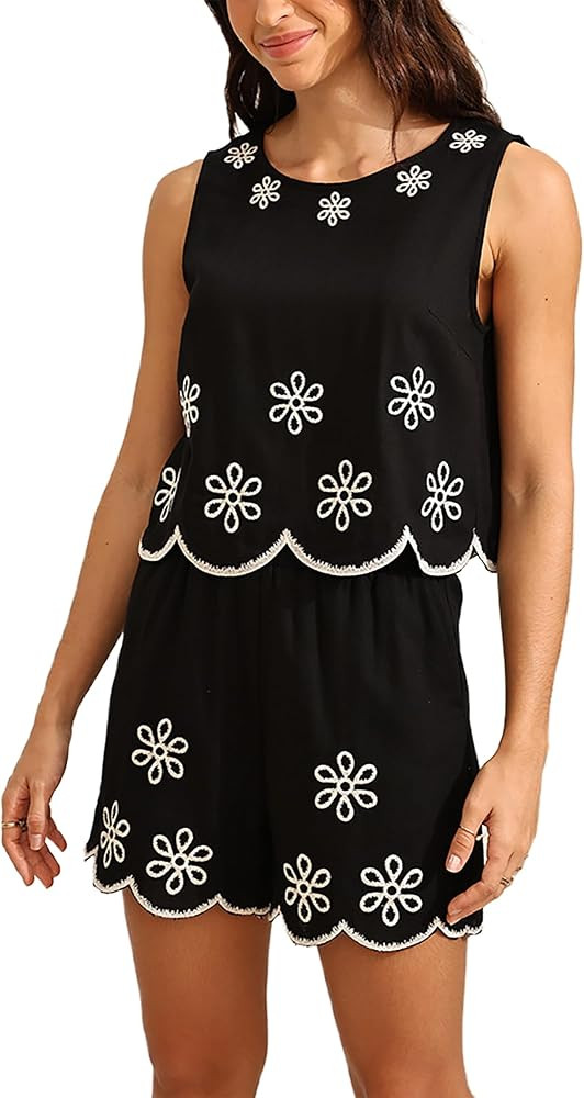 2 Piece Short Sets for Women Linen Embroidery Sleeveless Crop Tank Top and Shorts Casual Vacation | Amazon (US)