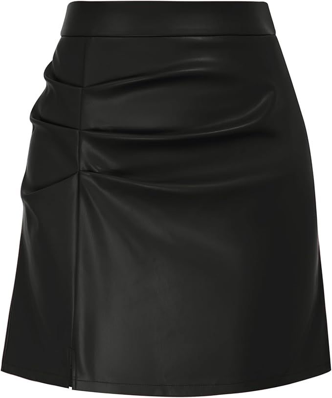 Kate Kasin Women's Leather Skirts Front Slit Ruched Bodycon Mini Skirt High Waist PU Leather Skor... | Amazon (US)