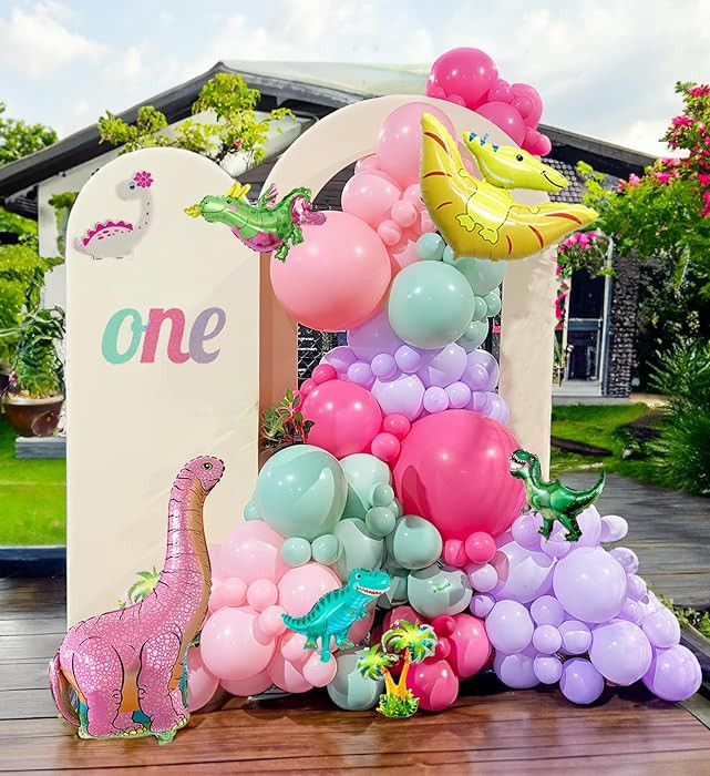 Pink Dino Balloon garland arch kit with Pastel Pink Purple Teal and Foil Dinosaur balloon for din... | Amazon (US)