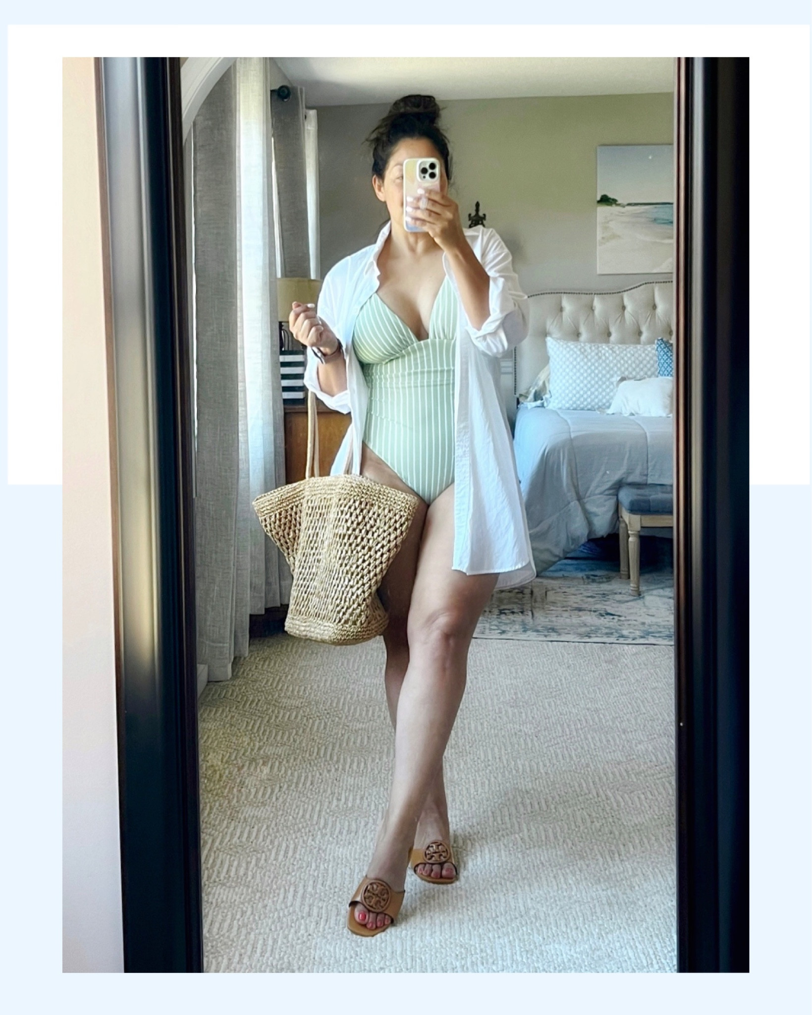 Lovely H&M striped one piece swim suit in light green. Tory Burch fabulous bombe miller sandals ON SALE! Abercrombie & Fitch packable Beach bag a must have! 

#LTKswim #LTKSeasonal #LTKshoecrush