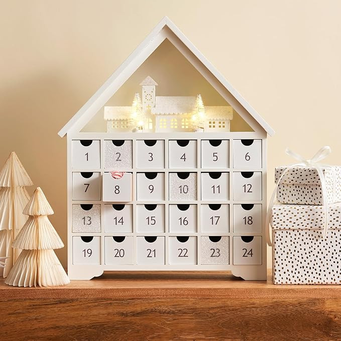 Wooden Advent Calendar with Drawers, Reusable Advent Calendar with Lights, White Christmas Villag... | Amazon (US)