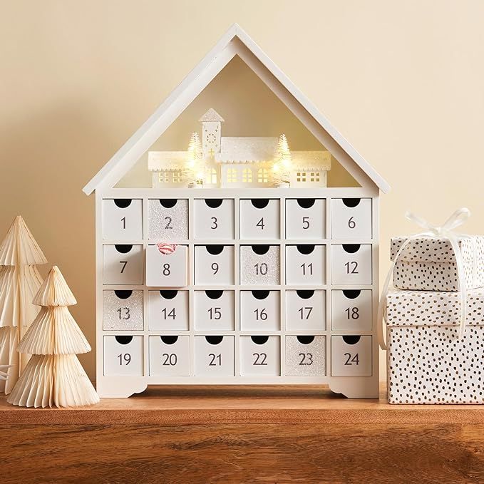 Wooden Advent Calendar with Drawers, 16 Inch Reusable Advent Calendar with Lights, White Christma... | Amazon (US)