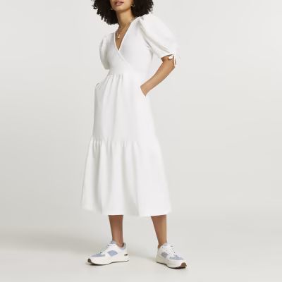 White textured puff sleeve wrap midi dress | River Island (UK & IE)