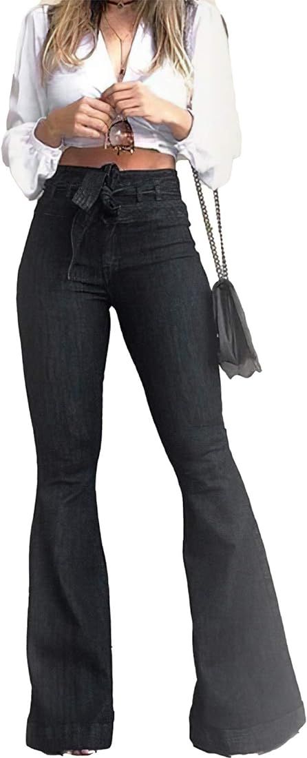 Womens High Waisted Bell Bottom Jeans Denim High Rise Flare Jean Pants with Wide Leg and Belt | Amazon (US)