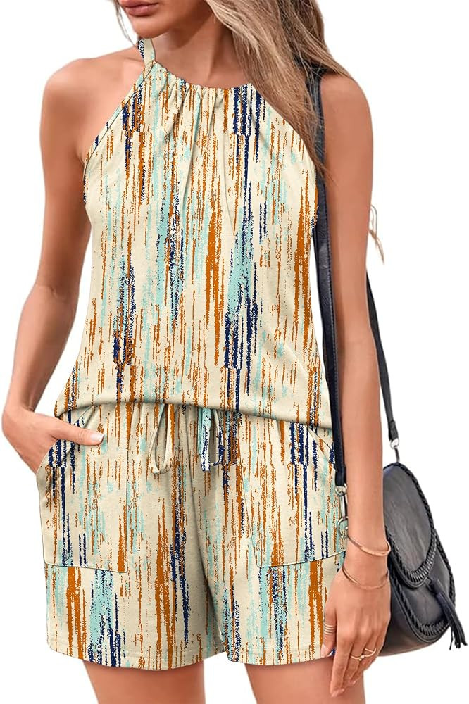 Rapbin 2 Piece Short Sets for Women Casual Vacation Summer Outfits Sleeveless Halter Tops Loose F... | Amazon (US)