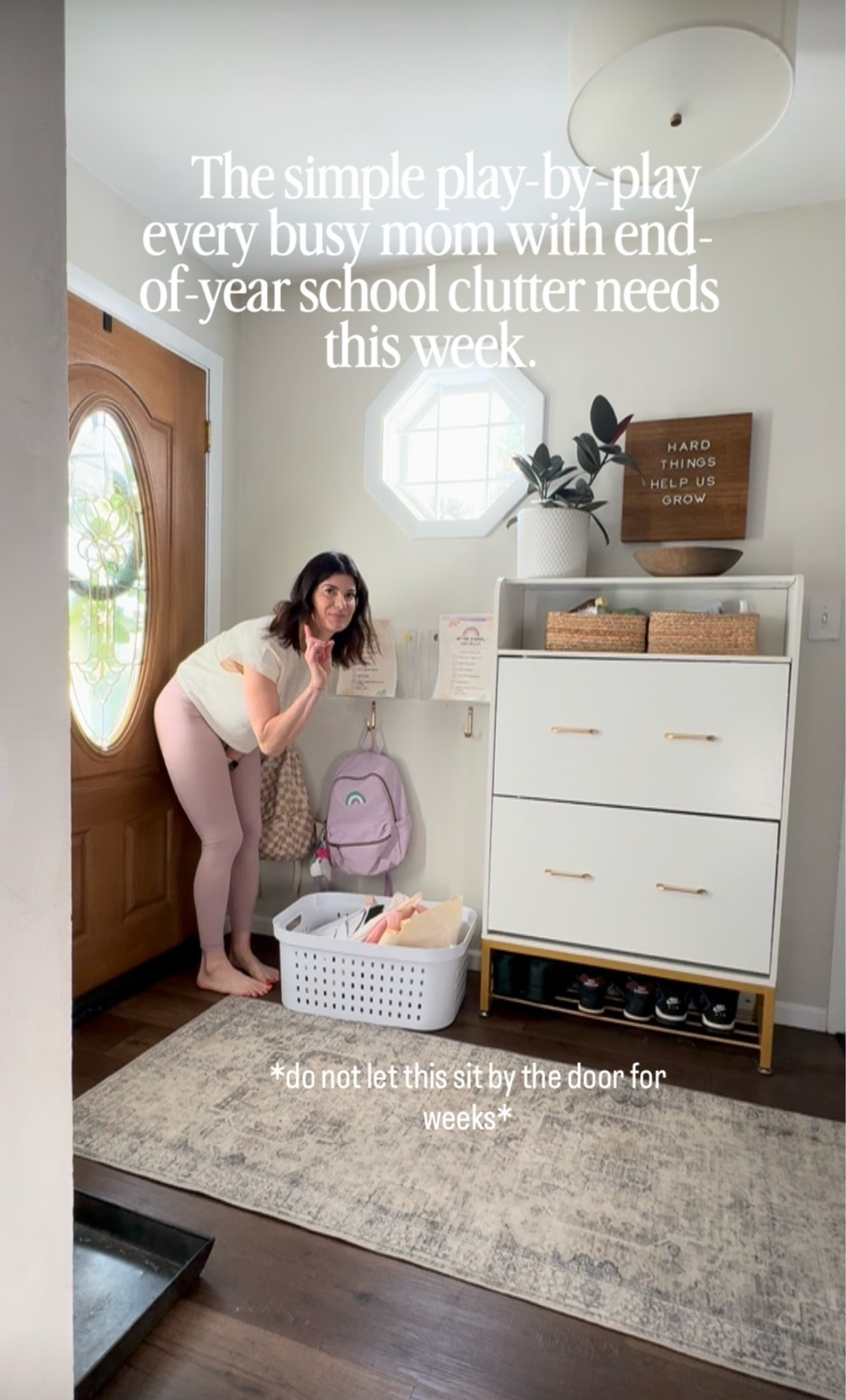 The simple play-by-play every busy mom with end-of-year school clutter needs this week.

Make a garbage pile.
    Toss broken, dried-out, and no-longer-needed items.
Make a “save” pile.
    Gather artwork, certificates, special projects, and keepsakes.
Separate school supplies.
    Sort markers, crayons, notebooks, pencils, folders, and extras.
Put gently used supplies away for summer use.
    Create an easy-to-access spot for crafts and rainy-day activities.
Save next year’s supplies.
    Place reusable supplies in a designated “Back to School” bin.
Store memories in a designated memory bin.
    Keep only the most meaningful items and give them a permanent home.
Label everything.
    Future-you will thank you when August rolls around.
Put it all away now.
    Don’t leave piles sitting around waiting for another day.

A little effort this week saves months of staring at school clutter and wondering what to do with it.