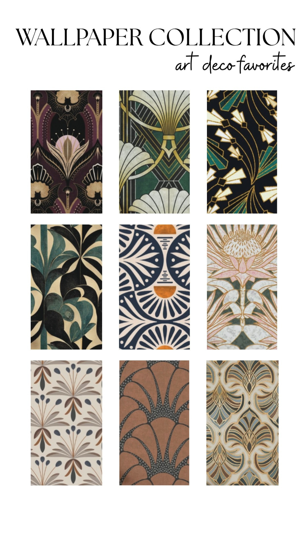 Art Deco wallpaper favorites with rich jewel tones, geometric patterns, vintage inspired motifs, and timeless statement wall designs. Loving the mix of moody black wallpaper, emerald green accents, warm neutrals, metallic gold details, and classic Art Deco curves that bring depth, drama, and personality into a space. These bold wallpaper finds are perfect for powder bathrooms, dining rooms, moody bedrooms, entryways, home offices, and cozy collected interiors. Perfect for anyone searching Art Deco wallpaper, vintage wallpaper inspiration, luxury wallpaper ideas, moody maximalist decor, statement wall inspiration, geometric wallpaper patterns, designer wallpaper finds, and timeless interior design details. 

 #LTKHome