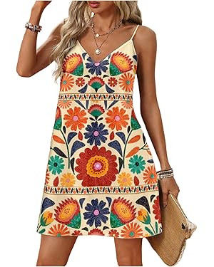 SOLY HUX Women's Summer Dress Floral Print V Neck Spaghetti Strap Cami Short Dresses Vacation Sun... | Amazon (US)