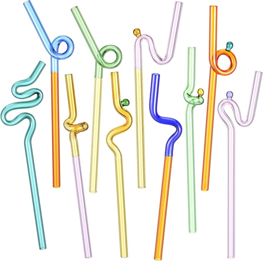 Gerrii 10 Pcs Wavy Glass Straws Colorful Silly Glass Straws Bulk Shatter Resistant Fun Christmas ... | Amazon (US)