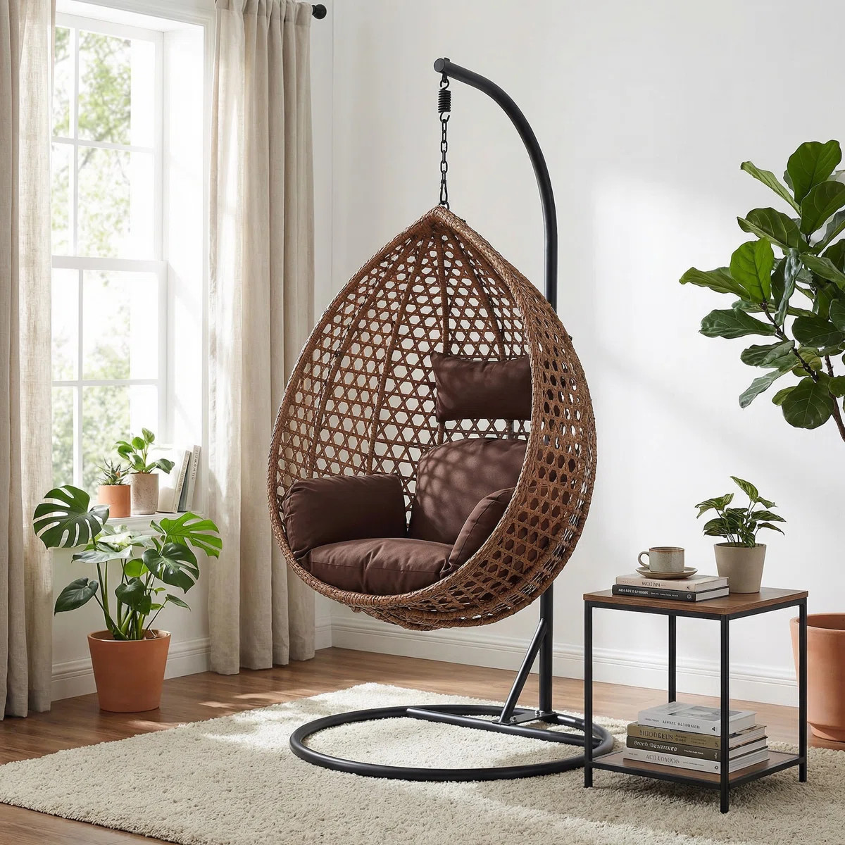 Chaviano Modern Indoor Outdoor Wicker Egg Chair with C-Stand, Teardrop Swing Chair with UV-Resist... | Wayfair North America