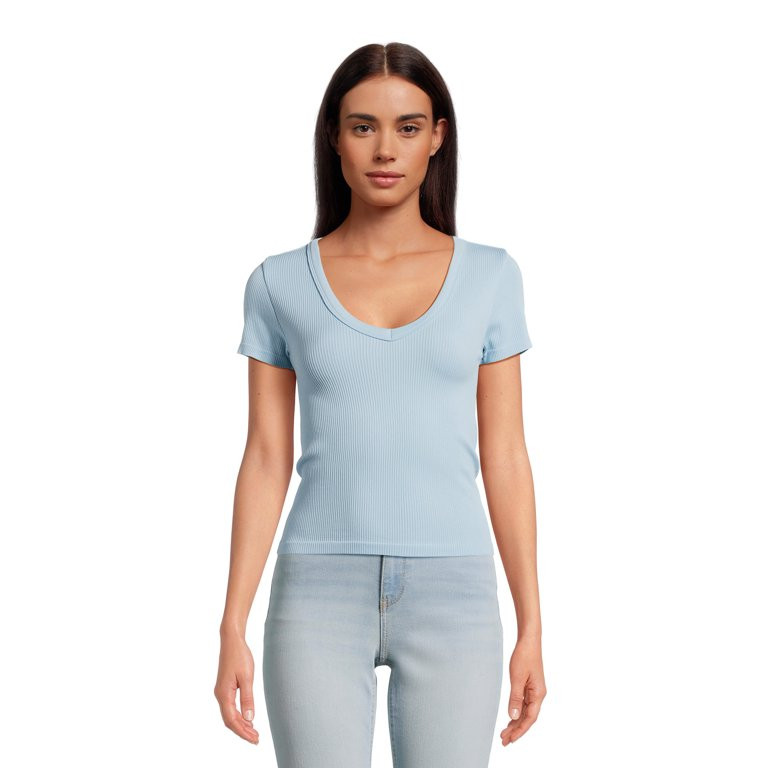 No Boundaries Juniors’ Seamless V-Neck Tee with Short Sleeves - Walmart.com | Walmart (US)