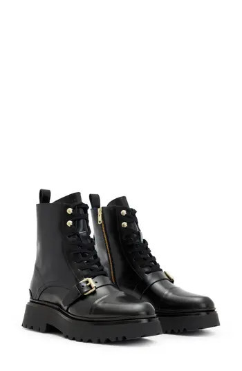 AllSaints Stellar Cap Toe Combat Boot in Black/Warm Brass at Nordstrom Rack, Size 10Us / 40Eu | Nordstrom Rack