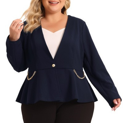 Agnes Orinda Women's Plus Size Work Fashion Button Chain Jacket Blazers 1X Navy Blue | Target