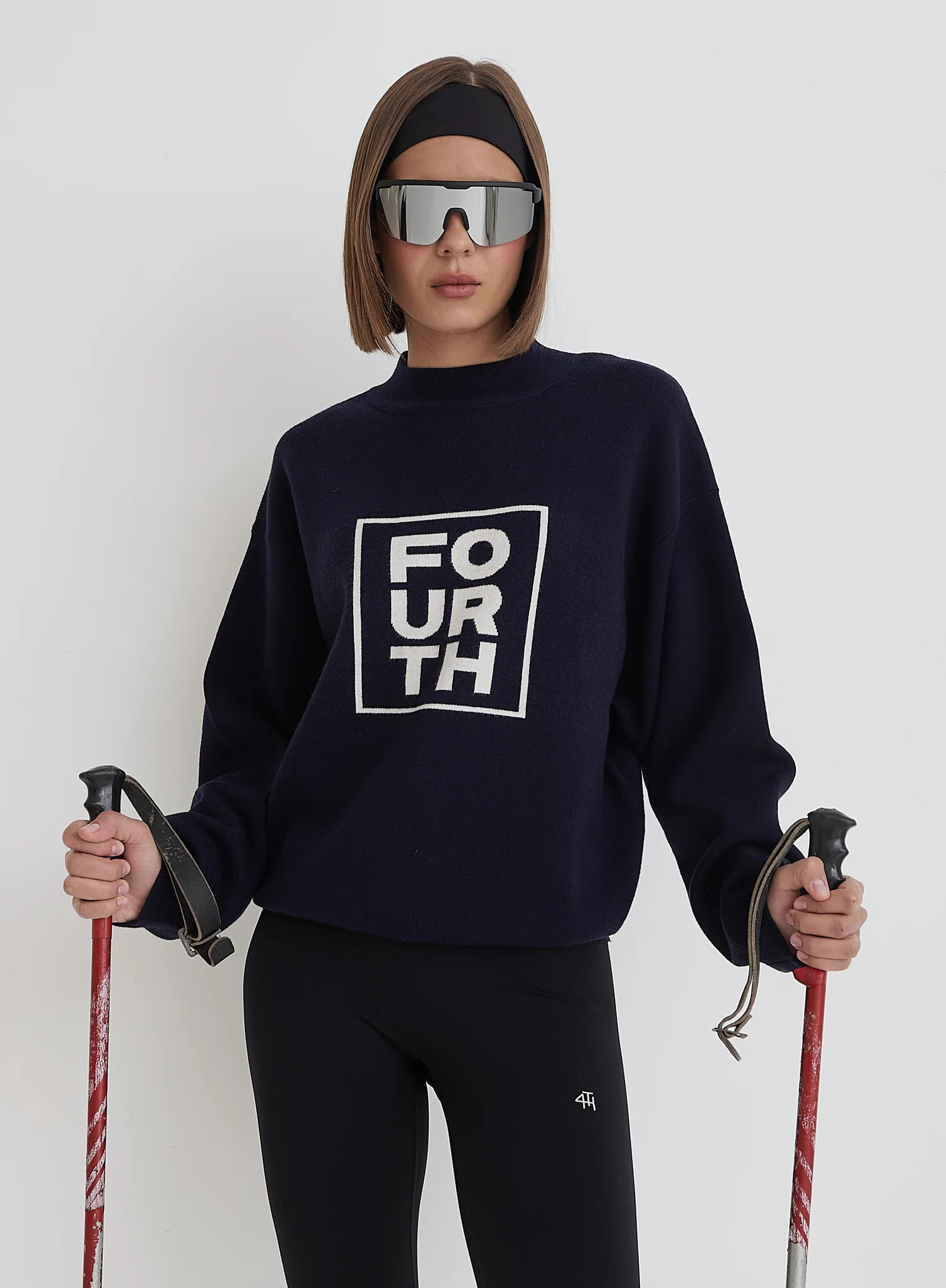 Navy Funnel Neck Branded Cropped Jumper- Valene | 4th & Reckless