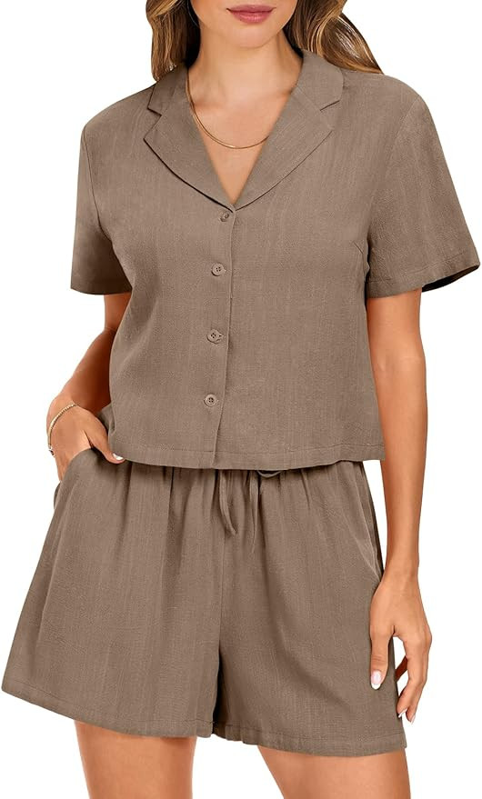 ANRABESS Women's Two Piece Outfits Linen Sets Short Sleeve Button Crop Tops Casual Lounge Shorts ... | Amazon (US)