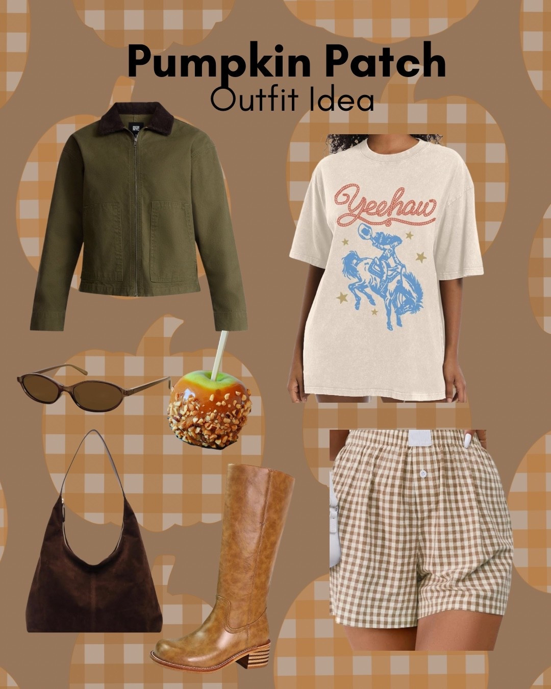 Pumpkin patch outfit inspo 🤎🍏
If you’re still in warm weather but want to dress fall coded, this is your sign 👇
— Yeehaw graphic tee for the Western trend
— Gingham shorts (add tights later when it’s cooler)
— Throw on a utility jacket + boots and grab a caramel apple on the way out 🍎
Save this for your next fall outing + I’ll link everything in my LTK 🧺✨

#pumpkinpatchoutfit #falloutfitideas #westernstyle #yeehawvibes  
#ginghamshorts #falltransitionoutfit #momstylefinds #ltkfall  
#fallfashioninspo #ltkfashion #pumpkinpatchready #caramelapplevibes

#LTKFindsUnder50 #LTKStyleTip #LTKSeasonal