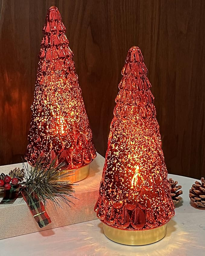 SHMILMH Red Mercury Glass Christmas Tree Set of 2, Small Tabletop Christmas Tree with Light, Batt... | Amazon (US)
