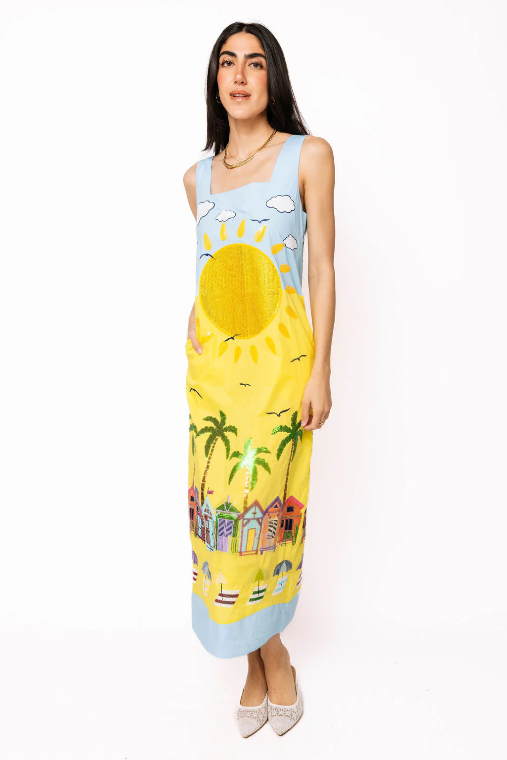 Aqua Multi Beach Scene Cotton Midi Dress | Queen of Sparkles