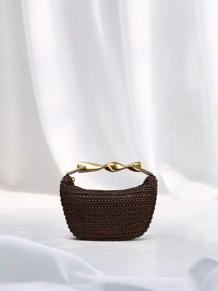 Fashionable Retro Elegant Portable Holiday Gift Simple Versatile Woven Metal Handle Handbag, Suitable For Women, Workplace & Business, Travel, Shoulder & Crossbody Bag | SHEIN