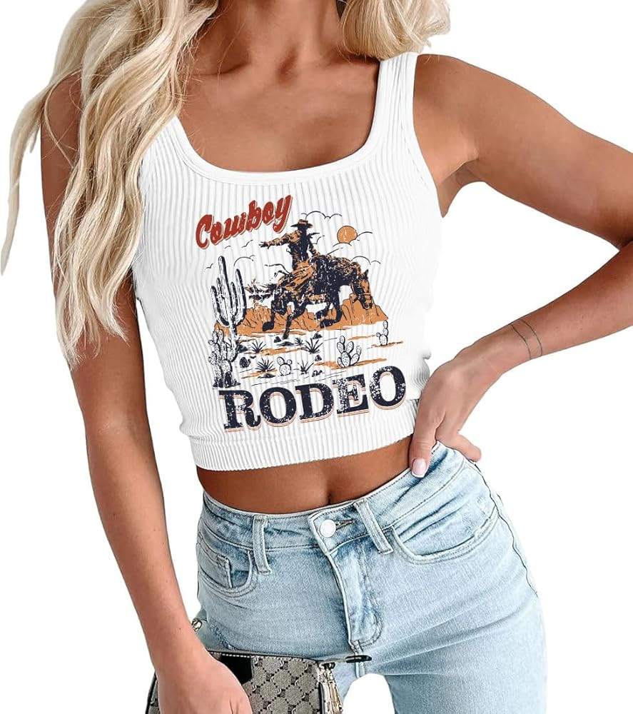 Cowgirl Cropped Tank Tops Summer Country Concert Outfits for Women Western Cowboy Vintage Graphic... | Amazon (US)
