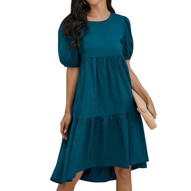 HUBERY Women Crew Neck Short Puff Sleeve Ruffled Keyhole Back Midi Dress - Walmart.com | Walmart (US)