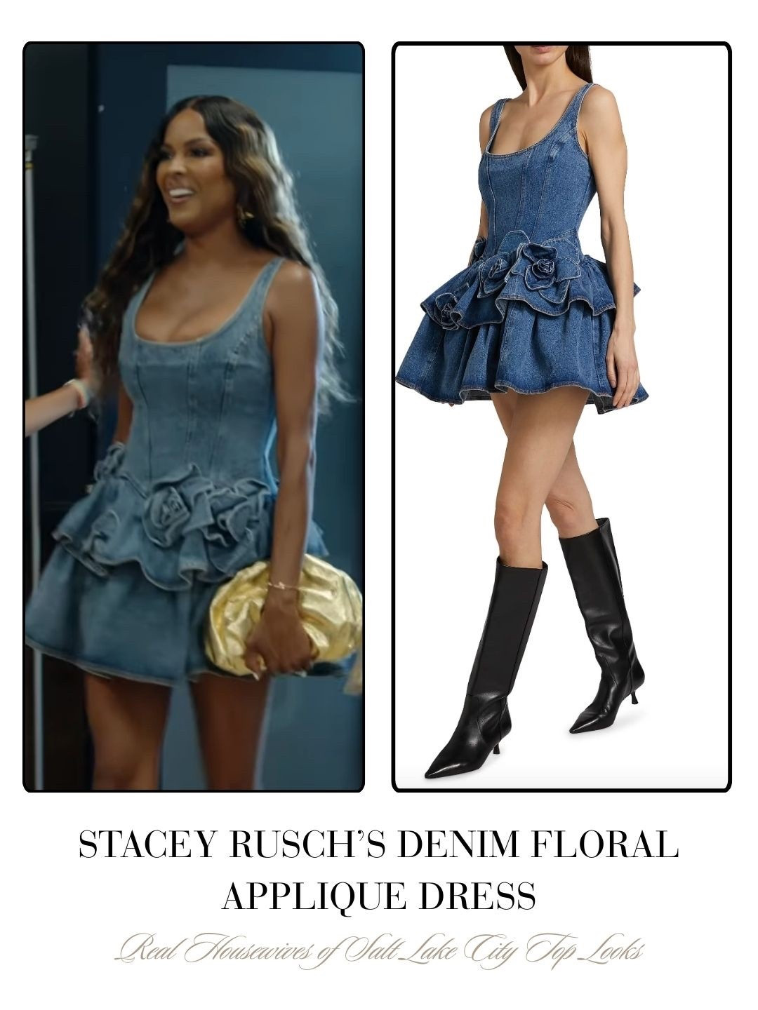 Stacey Rusch’s Denim Floral Appliqué Dress