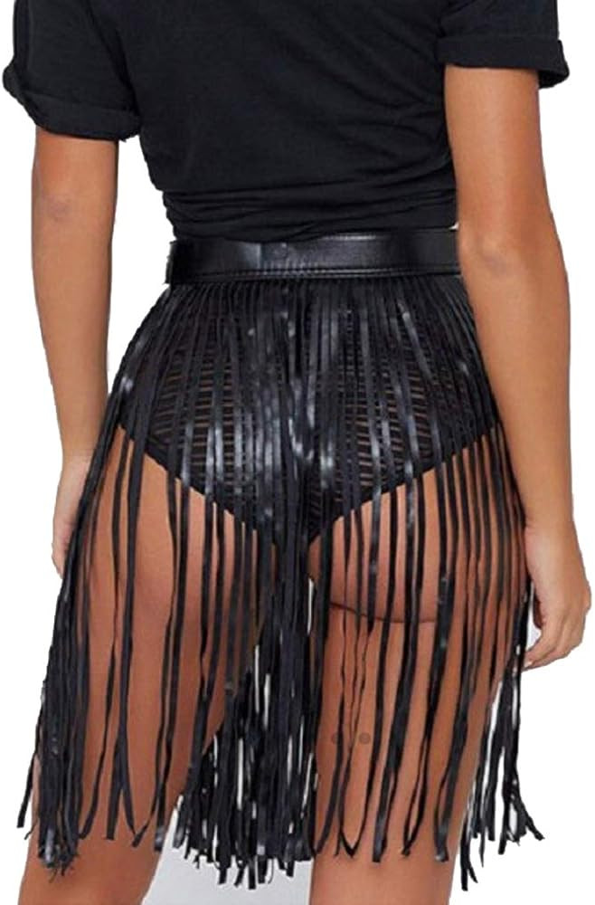 Fenyong Leather Fringe Skirt Tassel Hip Scarf Summer Beach Belts for Women Black | Amazon (US)
