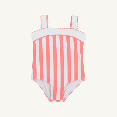 Shannon Bow Bathing Suit - Caicos Cabana Stripe (Parrot Cay Coral) with Worth Avenue White | The Beaufort Bonnet Company