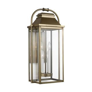 Feiss Wellsworth 27 in. 4-Light Painted Distressed Brass Outdoor Wall Lantern Sconce OL13202PDB | The Home Depot