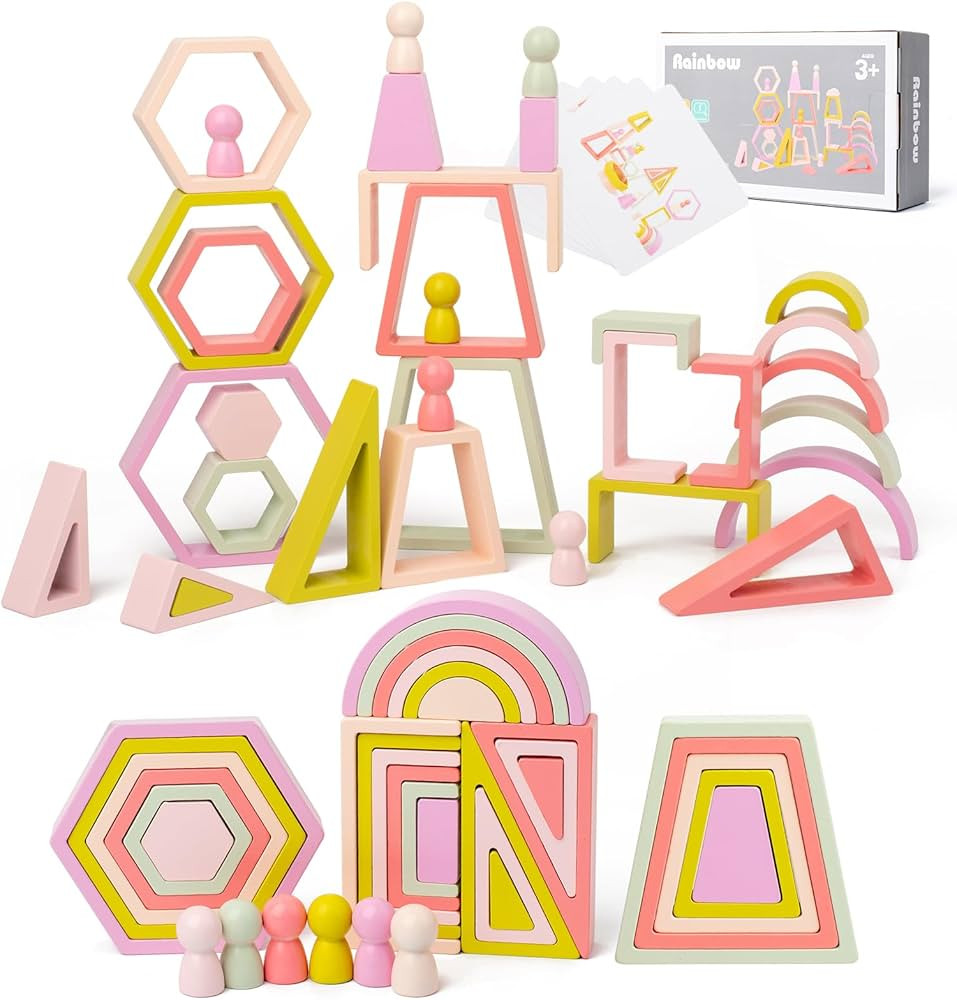 JOCY 35 Piece Wooden Rainbow Stack Set, 7-in-1 Building Blocks for Preschoolers, Montessori Toy W... | Amazon (US)