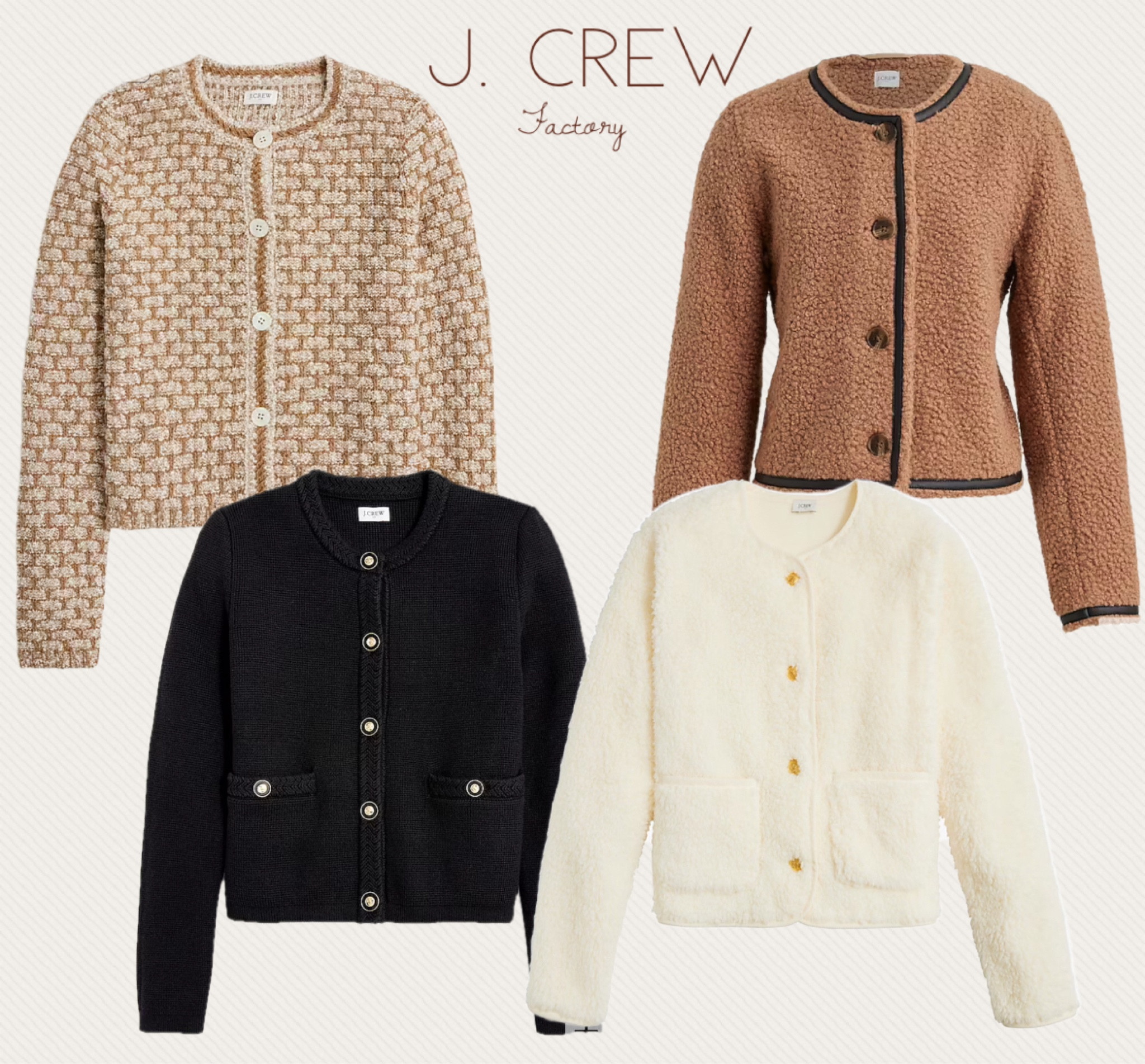 I love good cardigan as a top! 

J Crew
Cardigan 
Coat
