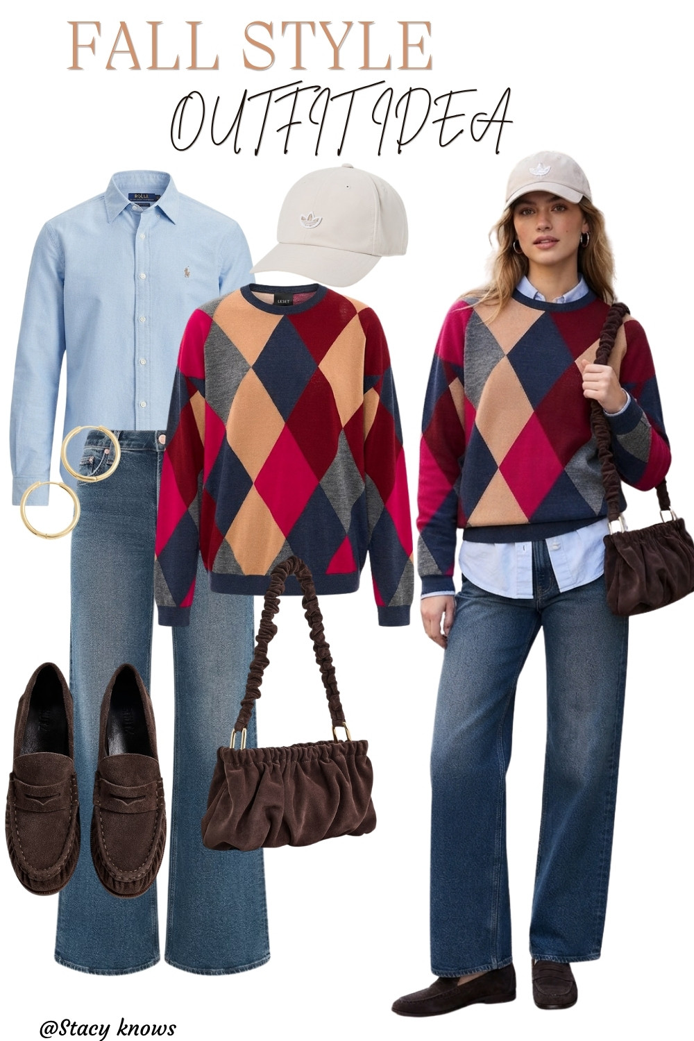 Effortless street style featuring a cozy argyle sweater layered over a classic light blue button-down shirt! Paired with wide-leg denim, a chic brown suede ruched bag, loafers, and a beige baseball cap for the perfect casual autumn look.
#LTKstyletip #FallFashion #StreetStyle #Argyle #CasualOutfit #DenimTrends #LTKunder100 #LTKshoecrush 

 #LTKgrwm #LTKootd #LTKSeasonal