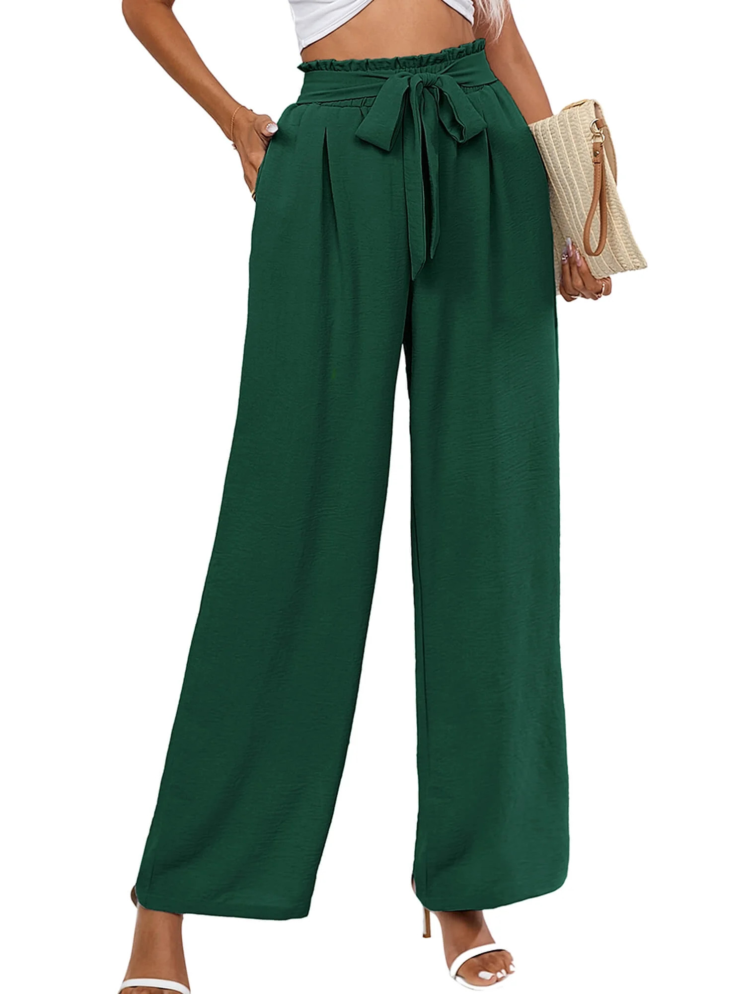 Chiclily Women's Wide Leg Pants with Pockets Lightweight High Waisted Adjustable Tie Knot Loose T... | Walmart (US)