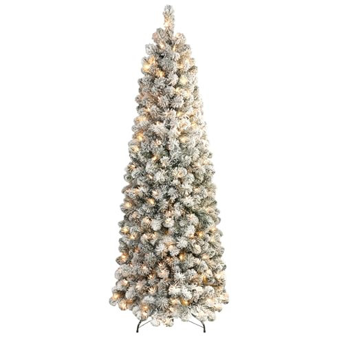 SHareconn 6ft Prelit Snow Flocked Artificial Hinged Slim Pencil Christmas Tree with Warm White Lights, Flocked Pencil Spruce Tree, Perfect Decoration Choice for Xmas Holiday, 6 FT, Flocked Green | Amazon (US)
