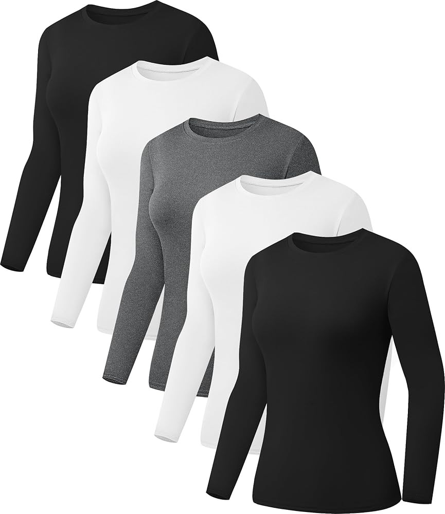 5 Pack Womens Basic Long Sleeve Shirts Crew Neck Slim-Fit Fitted T Shirts Tops Undershirts Unders... | Amazon (US)