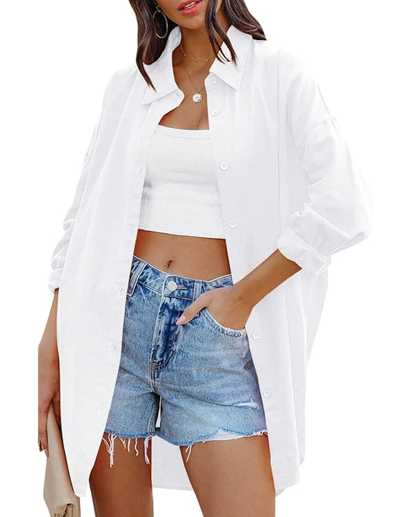 FSHAOES Womens Oversized Button Down Shirts Casual Loose Long Sleeve Solid Lapel Long Blouses Top... | Amazon (US)
