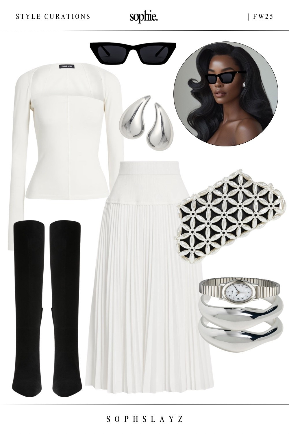 This look: sculpted white top, pleated midi skirt, knee high black boots, pearl statement clutch, and silver accessories. She’s giving structure, simplicity, and just enough attitude. Perfect for elevated daytime plans, museum dates, or a winter brunch with style. 

🔎 winter white outfit, monochrome skirt outfit, fall outfit, winter outfit, black knee boots, chic outfit, ootd, outfit styling, suede boots, winter date outfit, fall date outfit, fw25

#LTKootd