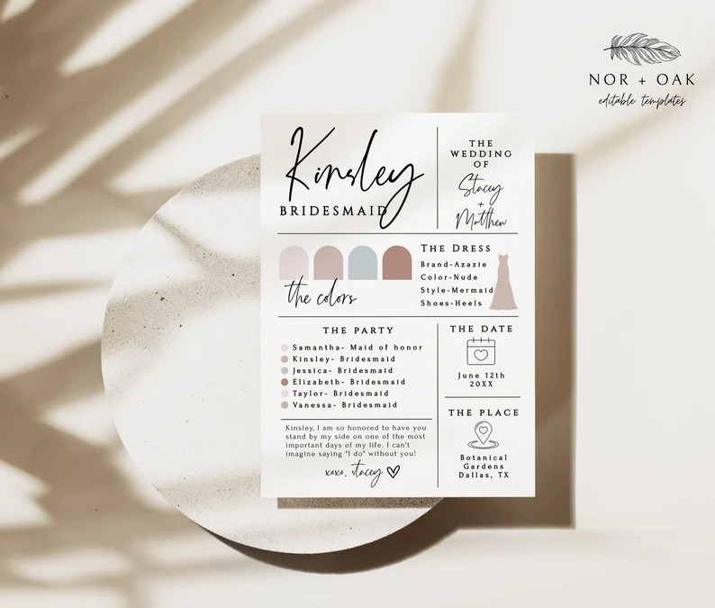Bridesmaid Info Card Template, Bridesmaid Information Card, Bridal Party Info Card, Bridesmaid In... | Etsy (US)