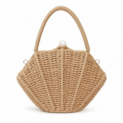 Alilang Shell Woven Top Handle Bag with Pearl Button and Detachable Chain Strap, Khaki | Target