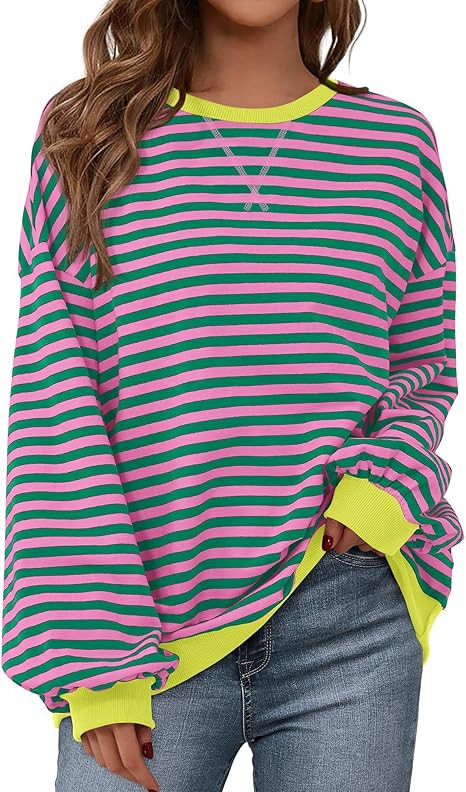 BTFBM Women's Striped Pullover Tops 2024 Fall Clothes Long Lantern Sleeve Soft Loose Crew Neck Y2... | Amazon (US)