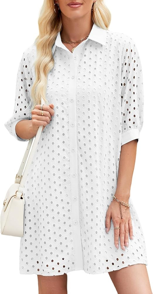 AMEBELLE Womens Summer Shirt Dress Eyelet Hollow Out Short Dress with 3/4 Sleeves Button Down Cas... | Amazon (US)