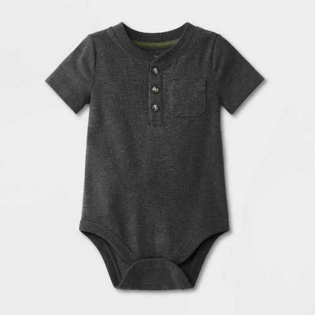 Baby Boys&#39; Henley Jersey Short Sleeve Bodysuit - Cat &#38; Jack&#8482; Charcoal Gray 6-9M | Target