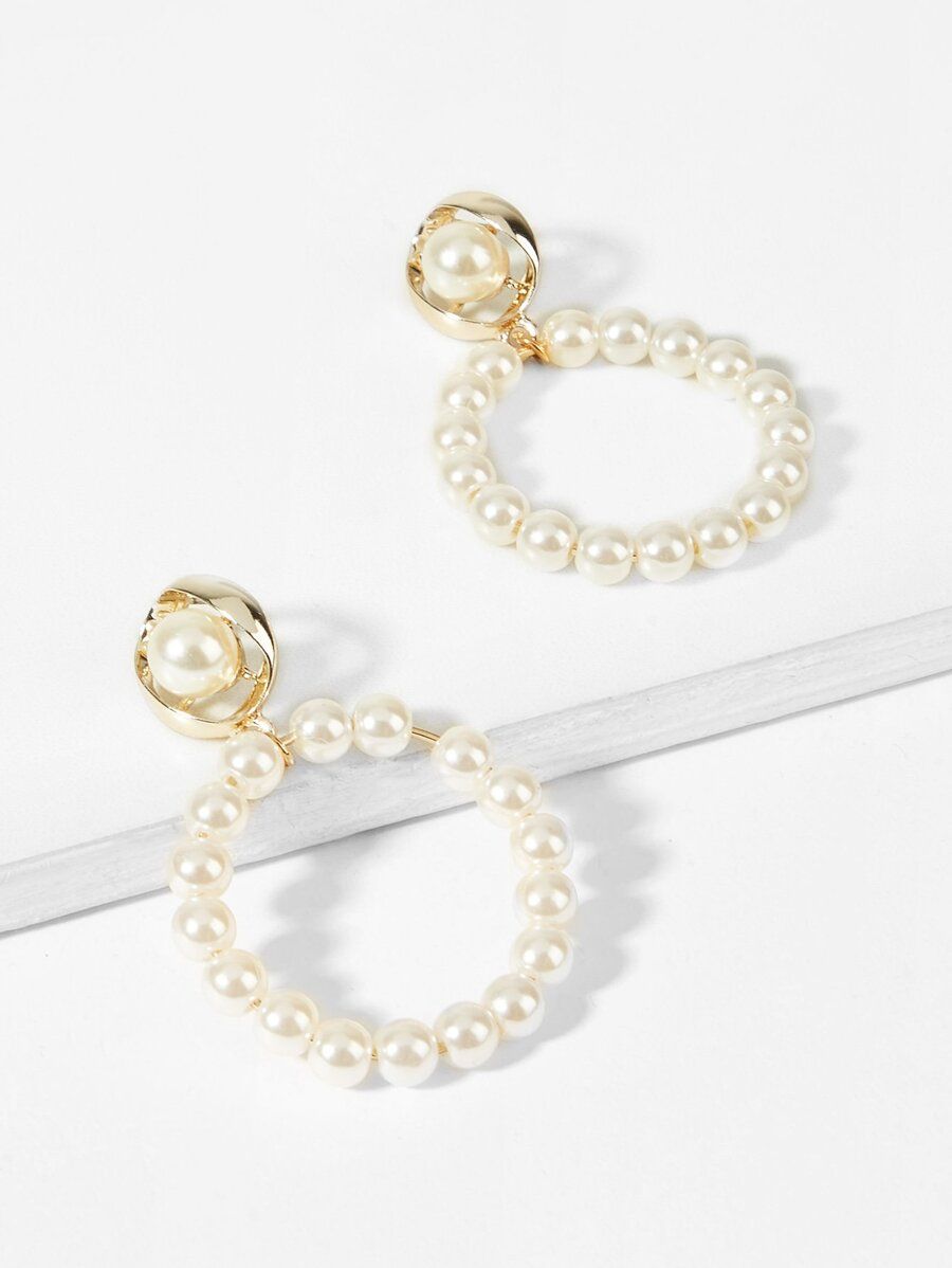 Faux Pearl Decorated Hoop Drop Earrings 1pair | SHEIN